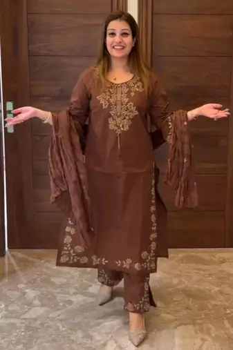 Brown silk blend embroidered kurta set