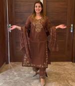 Brown silk blend embroidered kurta set