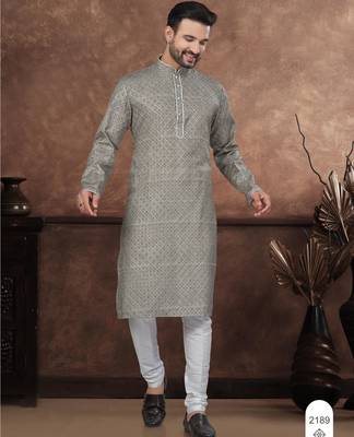 Mehendi colour digital printed full embroidery chikankari thread work kurta pajama set 1
