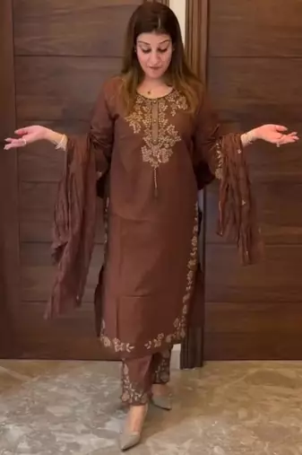 Brown silk blend embroidered kurta set