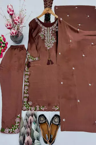 Brown silk blend embroidered kurta set