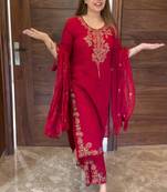 Red silk blend embroidered kurta set