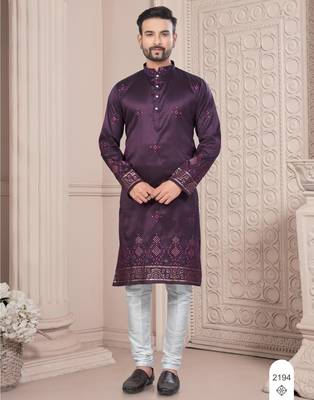 Purple daaman work, star and thred computer amrodery work kurta pajama set 1