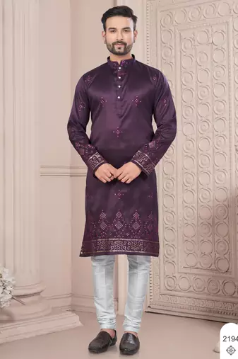 Purple daaman work, star and thred computer amrodery work kurta pajama set