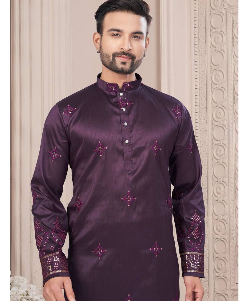 Purple daaman work, star and thred computer amrodery work kurta pajama set