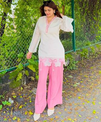 Off-white silk blend embroidered farshi salwar set 1
