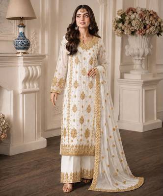 White faux georgette embroidered palazzo set 1