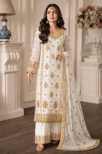 White faux georgette embroidered palazzo set