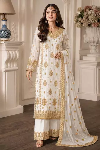 White faux georgette embroidered palazzo set