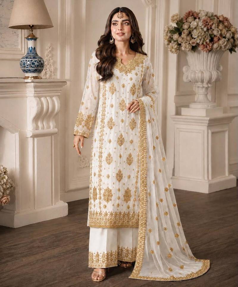 White faux georgette embroidered palazzo set