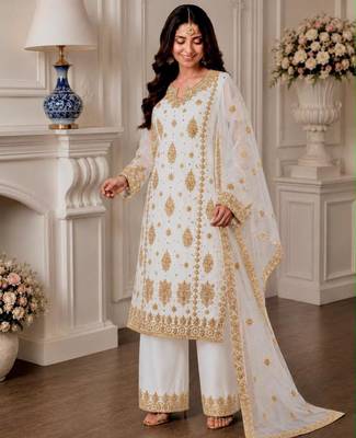 White faux georgette embroidered palazzo set 2