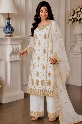 White faux georgette embroidered palazzo set