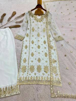 White faux georgette embroidered palazzo set 3