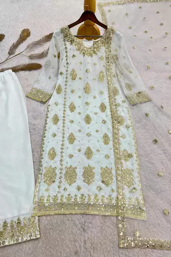 White faux georgette embroidered palazzo set