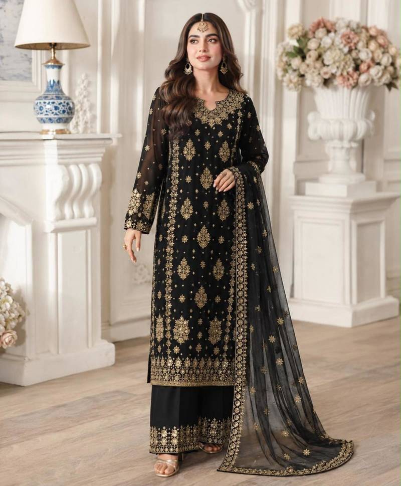 Black faux georgette embroidered palazzo set
