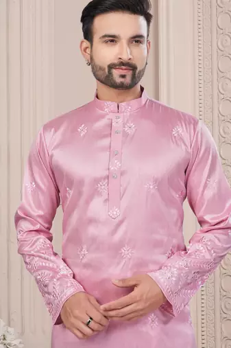 Pink daaman work, star and thred computer amrodery work kurta pajama set