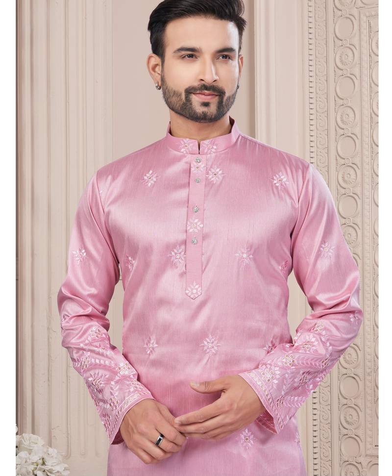 Pink daaman work, star and thred computer amrodery work kurta pajama set
