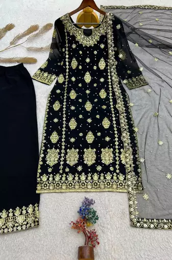 Black faux georgette embroidered palazzo set