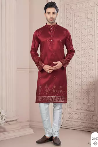 Maroon daaman work, star and thred computer amrodery work kurta pajama set
