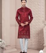 Maroon daaman work, star and thred computer amrodery work kurta pajama set