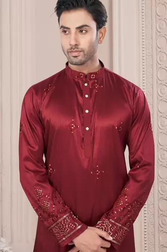 Maroon daaman work, star and thred computer amrodery work kurta pajama set