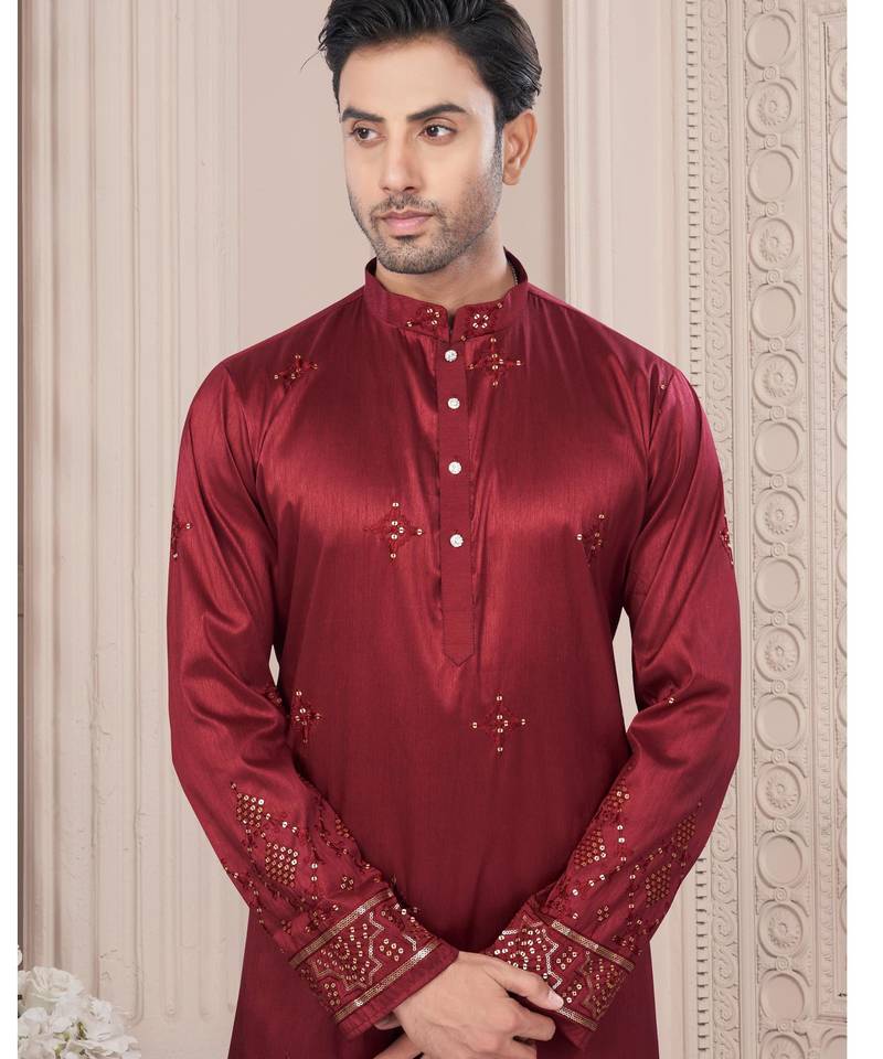Maroon daaman work, star and thred computer amrodery work kurta pajama set