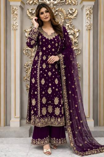 Purple faux georgette embroidered palazzo set
