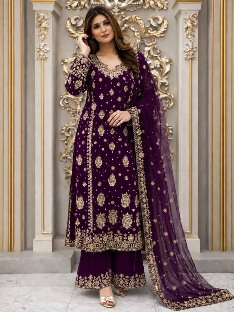 Purple faux georgette embroidered palazzo set