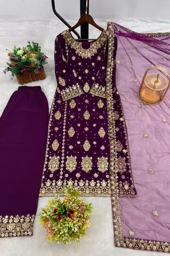 Purple faux georgette embroidered palazzo set