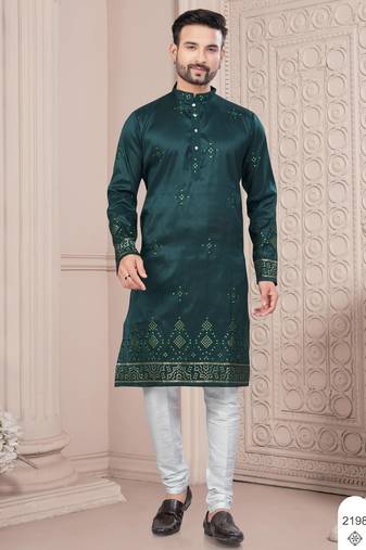 Green daaman work, star and thred computer amrodery work kurta pajama set
