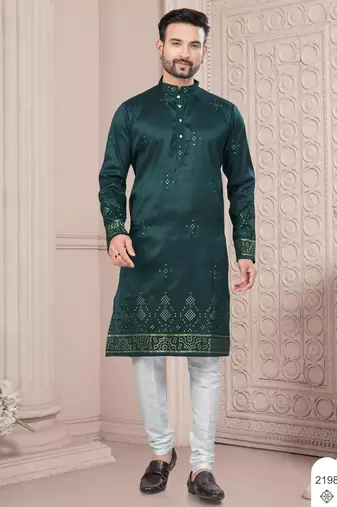 Green daaman work, star and thred computer amrodery work kurta pajama set