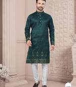 Green daaman work, star and thred computer amrodery work kurta pajama set