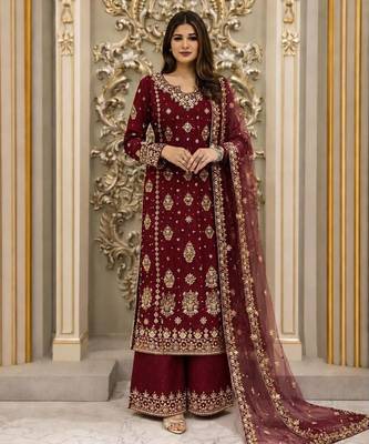 Maroon faux georgette embroidered palazzo set 1