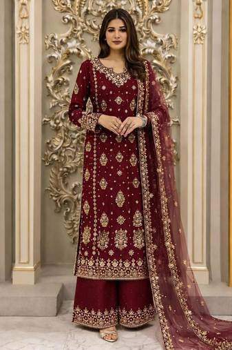 Maroon faux georgette embroidered palazzo set