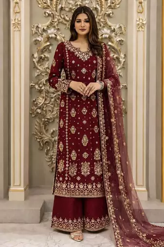Maroon faux georgette embroidered palazzo set