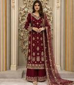 Maroon faux georgette embroidered palazzo set