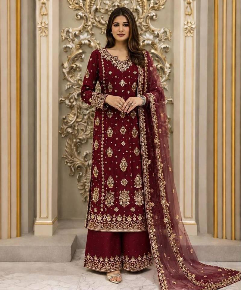 Maroon faux georgette embroidered palazzo set