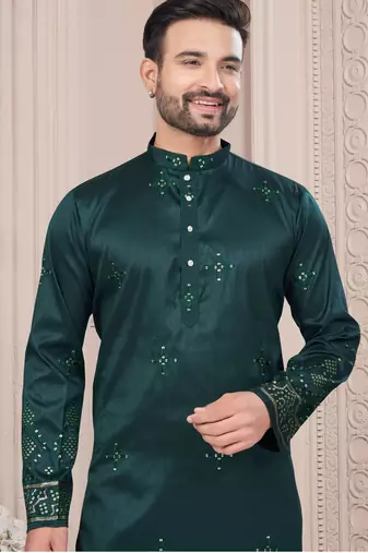 Green daaman work, star and thred computer amrodery work kurta pajama set