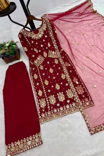 Maroon faux georgette embroidered palazzo set