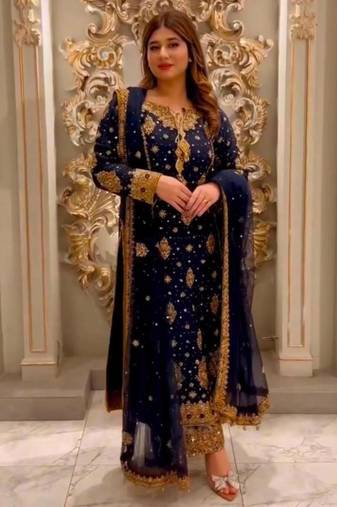 Navy-blue faux georgette embroidered palazzo set