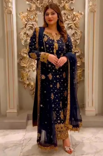Navy-blue faux georgette embroidered palazzo set