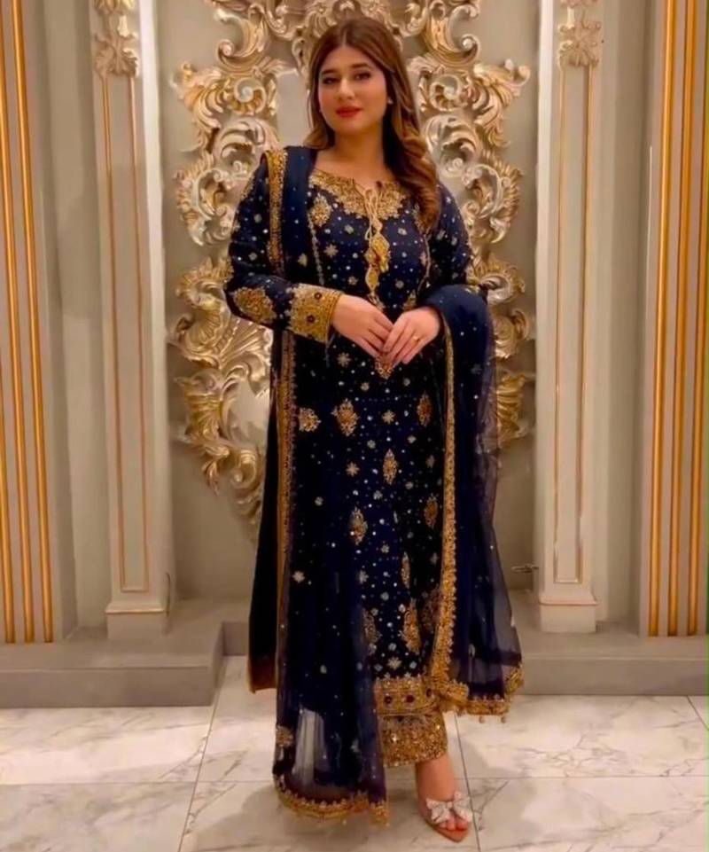 Navy-blue faux georgette embroidered palazzo set