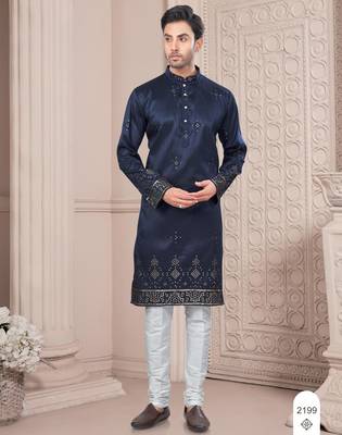 Blue daaman work, star and thred computer amrodery work kurta pajama set 1