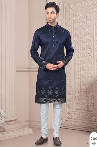 Blue daaman work, star and thred computer amrodery work kurta pajama set
