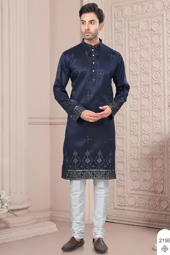 Blue daaman work, star and thred computer amrodery work kurta pajama set
