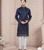 Blue daaman work, star and thred computer amrodery work kurta pajama set