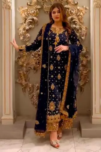 Navy-blue faux georgette embroidered palazzo set