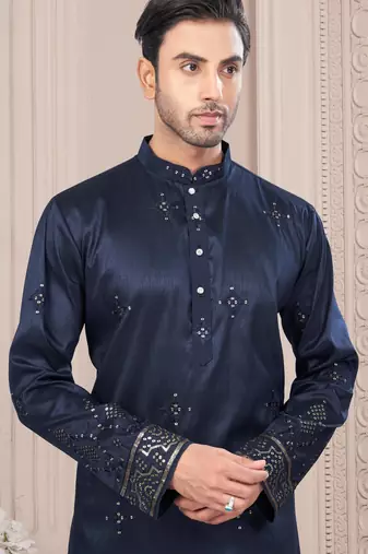 Blue daaman work, star and thred computer amrodery work kurta pajama set