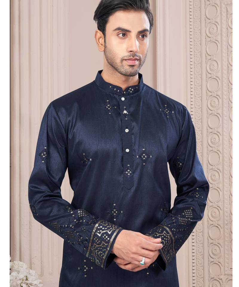 Blue daaman work, star and thred computer amrodery work kurta pajama set