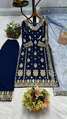 Navy-blue faux georgette embroidered palazzo set 3